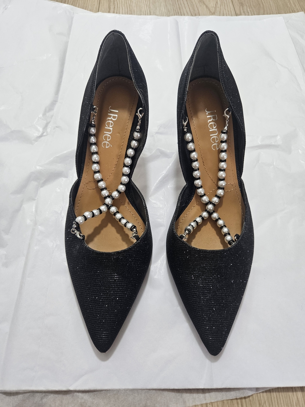J.Renee Sparkly Black Pointed Toe Heels with Pearl Cross-Strap Size 8.5